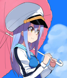 Rule 34 | 10s, 1girl, blue hair, blue jacket, blue sky, blush, brown eyes, closed mouth, cloud, commentary, day, english commentary, hair between eyes, hat, holding, holding umbrella, hood, hood down, hooded jacket, island (game), jacket, long hair, long sleeves, looking away, ohara rinne, outdoors, peaked cap, pink umbrella, sky, smile, solo, tonmoh, umbrella, white hat