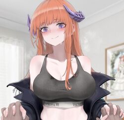 Rule 34 | arknights, bagpipe (arknights), bare shoulders, black bra, blush, bra, breasts, cleavage, highres, horns, interlocked fingers, large breasts, long hair, mildt, open clothes, out-of-frame censoring, purple eyes, smile, sports bra, stomach, underwear
