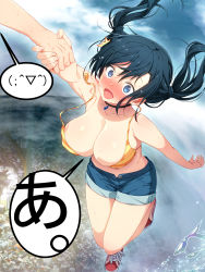 Rule 34 | 1girl, :d, amano hina (tenki no ko), bare arms, bikini, black hair, blue eyes, blush, breasts, choker, city, cleavage, clip studio paint (medium), cloud, commentary request, denim, denim shorts, emoi do, flying, highres, holding hands, large breasts, midriff, navel, open mouth, peril, red footwear, shoes, short shorts, shorts, smile, sneakers, speech bubble, striped bikini, striped clothes, swimsuit, tenki no ko, thighs, tokyo (city), twintails, wardrobe malfunction, water drop, yellow bikini