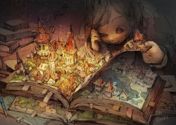 Rule 34 | aircraft, airplane, artist name, book, bookmark, building, dark, demizu posuka, light particles, lying, on stomach, open book, original, pop-up book, reading, signature, smile, solo, under covers