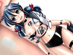Rule 34 | 1girl, artificial eyes, blue hair, blush, breasts, buruma, cyber f, cyborg, highres, joints, long hair, mechanical eyes, mechanical parts, mechanization, medium breasts, navel, nipples, one breast out, open mouth, purple eyes, robot joints, school uniform, shiny skin, smile, solo, underwear