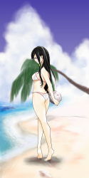Rule 34 | 1girl, ball, barefoot, beach, bikini, black hair, brown eyes, butt crack, day, dead or alive, feet, hybrid cat, kokoro (doa), legs, lips, long hair, ocean, outdoors, palm tree, soles, solo, swimsuit, tecmo, toes, tree, volleyball, volleyball (object)