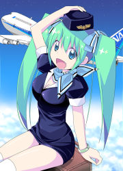 Rule 34 | 1girl, aircraft, airplane, all nippon airways, boeing 747, bracelet, breasts, cleavage, cloud, fang, flight attendant, hair ribbon, hat, japanese flag, jewelry, kazakami shun, large breasts, melon-chan, melonbooks, ribbon, scarf, sitting, sky, solo, star (sky), suitcase, thighhighs, travel attendant, twintails, uniform