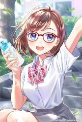 Rule 34 | 1girl, :d, arm up, asymmetrical bangs, blue eyes, blush, bottle, bow, bowtie, breasts, brown hair, collared shirt, dappled sunlight, dress shirt, glasses, grass, grey skirt, holding, holding bottle, leaf, looking at viewer, morikura en, official art, open mouth, outdoors, pleated skirt, red-framed eyewear, red bow, red bowtie, sample watermark, shirt, short hair, short sleeves, sitting, sitting on stairs, skirt, smile, sousai shoujo teien, sports drink, stairs, striped bow, striped bowtie, striped clothes, summer uniform, sunlight, takanashi koyomi, teeth, tree, upper teeth only, watermark, white shirt