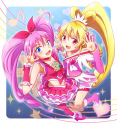 Rule 34 | 10s, 2girls, aida mana, arm warmers, bike shorts, blonde hair, blue background, blue eyes, boots, bow, brooch, choker, color connection, cure heart, cure melody, dokidoki! precure, dress, eyelashes, frills, full body, hairband, half updo, heart, heart brooch, holding hands, houjou hibiki, jewelry, knee boots, long hair, magical girl, minu, multiple girls, musical note, pantyhose, pink bow, pink dress, pink eyes, pink footwear, pink hair, pink legwear, pink skirt, ponytail, precure, ribbon, shoes, shorts, shorts under skirt, skirt, smile, staff (music), star (symbol), suite precure, twintails, v, wrist cuffs
