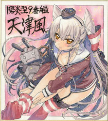 Rule 34 | 10s, 1girl, amatsukaze (kancolle), bent over, blush, breasts, brown eyes, choker, cleavage, commentary request, downblouse, dress, dressing, garter straps, hair tubes, hairband, hat, kantai collection, long hair, looking at viewer, marker (medium), mini hat, nagy, red thighhighs, rensouhou-kun, sailor dress, shikishi, short dress, silver hair, small breasts, striped clothes, striped thighhighs, suspenders, thighhighs, traditional media, two side up