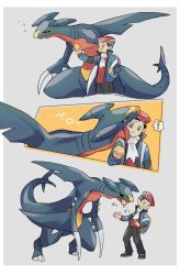 Rule 34 | !, 1boy, absurdres, backpack, bag, berry (pokemon), black footwear, black hair, black pants, border, bubble, commentary request, creatures (company), food, fruit, game freak, garchomp, gen 4 pokemon, grey bag, grey eyes, hat, highres, holding, holding food, holding fruit, holding strap, jacket, licking, licking another&#039;s face, lucas (pokemon), male focus, nigiri (ngr24), nintendo, open clothes, open jacket, open mouth, pants, pokemon, pokemon (creature), pokemon dppt, pokemon platinum, red headwear, scarf, shoes, short hair, sitrus berry, smile, standing, tongue, tongue out, white border, white scarf