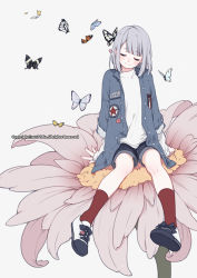 Rule 34 | 1girl, arms at sides, blunt bangs, bug, butterfly, butterfly on head, closed eyes, english text, flower, grey background, grey eyes, grey hair, head tilt, insect, kneehighs, long hair, mia0309, original, oversized object, red socks, shorts, simple background, sitting, sleeves rolled up, socks, solo