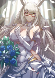 Rule 34 | 1girl, absurdres, alternate costume, animal ears, armpit crease, artist name, bare shoulders, biwa hayahide (umamusume), blush, bouquet, breasts, bride, closed mouth, commentary, commentary request, dress, ears down, falling feathers, feathers, flower, glasses, grey hair, hair between eyes, highres, holding, holding bouquet, horse ears, horse girl, jewelry, large breasts, long hair, looking at viewer, necklace, pov, red-framed eyewear, same kujira (challenger 310), semi-rimless eyewear, sleeveless, sleeveless dress, solo, tiara, umamusume, veil, veil lift, very long hair, wedding dress, white dress, yellow eyes