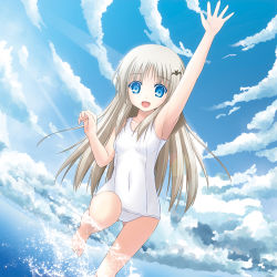 Rule 34 | 1girl, armpits, barefoot, blue eyes, cameltoe, cloud, day, dinyc, dutch angle, hair ornament, hand up, little busters!, long hair, lowres, noumi kudryavka, one-piece swimsuit, running, school swimsuit, silver hair, sky, solo, splashing, swimsuit, wading, water, waving, white school swimsuit, white one-piece swimsuit