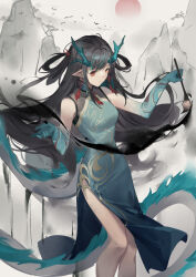 Rule 34 | 1girl, absurdres, arknights, black hair, china dress, chinese clothes, dragon girl, dragon horns, dragon tail, dress, dusk (arknights), dusk (everything is a miracle) (arknights), fiery tail, gradient skin, green dress, green horns, highres, horns, looking at viewer, multicolored hair, red eyes, sleeveless, sleeveless dress, solo, streaked hair, tail, woodylixx