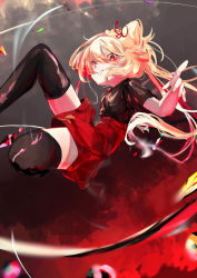 Rule 34 | 1girl, alternate costume, black shirt, black thighhighs, blonde hair, breasts, feet out of frame, flandre scarlet, hair between eyes, highres, long hair, looking at viewer, neck ribbon, no headwear, no headwear, open mouth, red background, red eyes, red ribbon, red shorts, ribbon, sawararado, shirt, short sleeves, shorts, side ponytail, small breasts, solo, teeth, thighhighs, touhou, wings