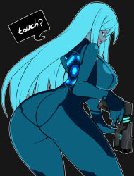 Rule 34 | 1girl, black background, blue eyes, blue hair, blue skin, blush, breasts, colored skin, dark samus, gun, iriomote umineko, large breasts, lineart, long hair, looking at viewer, looking back, metroid, nintendo, skin tight, smile, speech bubble, straight hair, symbol, teasing, thick thighs, thighs, weapon, unfinished, zero suit