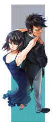 1boy, 1girl, armpits, arms up, back-to-back, bare shoulders, black eyes, black hair, breasts, cleavage, dress, foreshortening, formal, from above, fubuki (one-punch man), green eyes, looking back, matatabi nia, one-punch man, outside border, perspective, snake (one-punch man), standing, suit