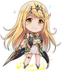 Rule 34 | 1girl, bare legs, bare shoulders, blonde hair, breasts, chest jewel, chibi, cleavage, cleavage cutout, clothing cutout, dress, earrings, elbow gloves, gloves, highres, jewelry, kurokaze no sora, large breasts, long hair, mythra (xenoblade), short dress, solo, swept bangs, thigh strap, tiara, very long hair, white dress, white footwear, white gloves, xenoblade chronicles (series), xenoblade chronicles 2, yellow eyes