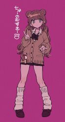 Rule 34 | 1girl, animal ears, bear ears, bear girl, bow, bowtie, brown cardigan, brown hair, cardigan, cellphone, cellphone charm, charm (object), closed mouth, collared shirt, double v, full body, highres, leg warmers, long hair, long sleeves, looking at viewer, low twintails, miniskirt, original, phone, pleated skirt, purple background, sakura yuki (clochette), shirt, shoes, simple background, skirt, solo, standing, twintails, v, white shirt