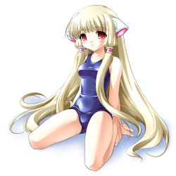 Rule 34 | 00s, 1girl, arm support, blonde hair, chii, chobits, long hair, one-piece swimsuit, parted lips, red eyes, school swimsuit, sitting, solo, sorimura youji, swimsuit