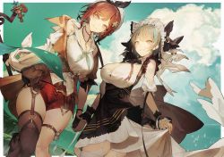 Rule 34 | 2girls, absurdres, animal ears, apron, atelier (series), atelier ryza, atelier ryza 2, azur lane, bare shoulders, bird, black bow, bow, braid, breasts, brown hair, cat ears, cheshire (azur lane), cleavage, cloud, cloudy sky, detached sleeves, french braid, hat, hat bow, highres, holding, holding clothes, holding hands, holding skirt, holding staff, jewelry, large breasts, looking at viewer, mage staff, maid, maid apron, maid headdress, mooofoo, multiple girls, no bra, outdoors, pendant, red shorts, reisalin stout, short hair, shorts, skirt, sky, smile, staff, thick thighs, thigh strap, thighhighs, thighs, wrist cuffs, yellow eyes