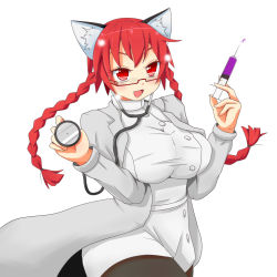 Rule 34 | 1girl, :d, alternate costume, animal ears, bespectacled, braid, breasts, cat ears, cowboy shot, glasses, highres, himenomikan, holding, holding syringe, kaenbyou rin, large breasts, looking at viewer, open mouth, pantyhose, red eyes, red hair, smile, solo, syringe, touhou, twin braids