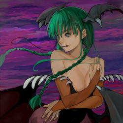 Rule 34 | 1girl, alternate hairstyle, bare shoulders, bat wings, braid, breasts, bridal gauntlets, capcom, cleavage, demon girl, donipo, eco (soukoku), elbow gloves, gloves, green eyes, green hair, head wings, licking lips, long hair, matching hair/eyes, morrigan aensland, pantyhose, solo, demon girl, tongue, tongue out, twin braids, vampire (game), wings