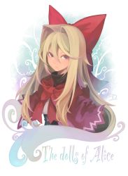 Rule 34 | 1girl, :/, absurdres, blonde hair, bow, bowtie, capelet, commentary, corset, english text, hair between eyes, hair bow, hair intakes, highres, hourai doll, large bow, long hair, looking at viewer, morino hon, purple eyes, red bow, red bowtie, red capelet, serious, sidelocks, solo, touhou, turtleneck, upper body, v-shaped eyebrows, very long hair