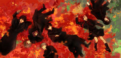 Rule 34 | 1girl, 5boys, acaco, book, brown hair, closed eyes, fire, harry potter (series), james potter, lily evans, lying, multiple boys, on back, peter pettigrew, red hair, red theme, remus lupin, robe, severus snape, sirius black, wand, wizarding world