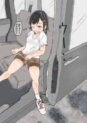 Rule 34 | 1girl, black hair, blush, breasts, brown eyes, brown shorts, car, car interior, chair, door, embarrassed, female focus, hair ornament, hairclip, half-closed eye, have to pee, highres, japanese text, motor vehicle, one eye closed, open mouth, original, peeing, peeing self, shirt, shoes, short hair, short shorts, short sleeves, shorts, sitting, small breasts, socks, solo, sweat, tears, thought bubble, translation request, trembling, ugonoakita, wavy mouth, wet, wet clothes, white footwear, white shirt, white socks, window