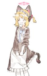 Rule 34 | 1girl, animal ear headphones, animal ears, blonde hair, blue archive, blue necktie, blush, bow, cat ear headphones, cat tail, closed eyes, fake animal ears, furrowed brow, hair bow, headphones, messy hair, momoi (blue archive), momoi (maid) (blue archive), necktie, nervous smile, open mouth, pink bow, shinbashi seiji, simple background, smile, solo, tail, white background