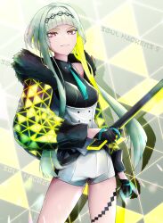Rule 34 | 1girl, aqua necktie, black gloves, black hairband, blunt bangs, breasts, closed mouth, coat, cowboy shot, fur coat, gloves, hairband, half gloves, highres, hirome99, holding, holding sword, holding weapon, light green hair, light smile, looking at viewer, medium breasts, multicolored hair, necktie, open clothes, open coat, red eyes, ringo (soul hackers 2), short hair, short hair with long locks, shorts, solo, soul hackers 2, sword, two-tone hair, weapon, white shorts