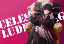 Rule 34 | 1girl, artist logo, artist name, black hair, black jacket, black nails, black thighhighs, blunt bangs, bonnet, breasts, card, celestia ludenberg, center frills, character name, claw ring, commentary, danganronpa: trigger happy havoc, danganronpa (series), drill hair, earrings, feet out of frame, frilled thighhighs, frills, gothic lolita, hands up, highres, holding, holding card, jacket, jewelry, layered skirt, lolita fashion, long hair, long sleeves, looking at viewer, medium breasts, nail polish, necktie, pastahands, pink background, playing card, print necktie, print neckwear, red eyes, red necktie, shirt, skirt, solo, thighhighs, twin drills, twintails