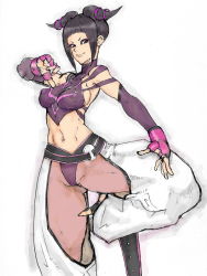 Rule 34 | 1girl, abs, barefoot, black hair, breasts, capcom, crop top, detached sleeves, drill hair, dudou, covered erect nipples, feet, fighting stance, fingerless gloves, gloves, halterneck, halterneck, han juri, kyuraa (kyura9een), large breasts, leg lift, midriff, navel, perky breasts, pink eyes, short hair, short twintails, sideboob, smile, solo, street fighter, street fighter iv (series), toeless legwear, twin drills, twintails