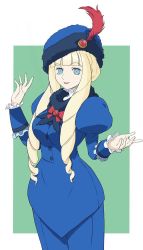 Rule 34 | 1girl, blonde hair, blue eyes, bow, breasts, dianna soreil, dress, drill hair, feathers, frills, gundam, hat, hat feather, highres, jewelry, looking at viewer, mitsutsu322, procreate (medium), red bow, smile, solo, turn a gundam
