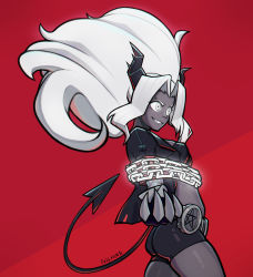 Rule 34 | 1girl, absurdres, ass, belt, big hair, bike shorts, black horns, black jacket, black shorts, black tail, breasts, chain, chained, chain, clawed gauntlets, colored skin, demon girl, demon horns, demon tail, fellming, grey skin, helltaker, highres, horns, jacket, judgement (helltaker), leather bikini, medium breasts, open clothes, open jacket, pentagram, red background, ringed eyes, shorts, solo, spiked horns, tail, w arms, white eyes, white hair