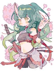 Rule 34 | 1girl, arknights, bare shoulders, black pants, breasts, brown eyes, colored eyelashes, crop top, cropped legs, floral background, gloves, green hair, hand up, highres, holding, holding sheath, horns, hoshiguma (arknights), katana, long hair, navel, pants, petals, ponytail, red gloves, saucer (saucer752), sheath, sheathed, simple background, single glove, single horn, small breasts, solo, sword, very long hair, weapon, white background