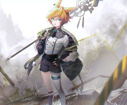 Rule 34 | 1boy, :p, animal ears, arknights, bishounen, black gloves, black jacket, black shorts, black socks, blonde hair, blue eyes, blurry, blurry foreground, chain-link fence, closed mouth, commentary request, depth of field, fence, fingerless gloves, gloves, hair between eyes, hand on own hip, hayama eishi, highres, holding, holding weapon, jacket, kneehighs, kodona, leonhardt (arknights), lolita fashion, long hair, long sleeves, male focus, off shoulder, open clothes, open jacket, outdoors, over shoulder, puffy long sleeves, puffy sleeves, rabbit ears, shirt, short shorts, shorts, single kneehigh, single sock, skirt, sleeves past wrists, smile, socks, solo, standing, suspender skirt, suspenders, tongue, tongue out, weapon, weapon over shoulder, white shirt, white socks
