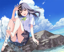 Rule 34 | 1girl, :d, arm support, arm up, ass, barefoot, black hair, blue sky, brown eyes, cloud, collared shirt, commentary request, day, feet, full body, gin (oyoyo), grey skirt, hair blowing, highres, looking at viewer, ocean, open mouth, original, outdoors, panties, pantyshot, plaid, plaid skirt, pleated skirt, purple panties, rock, school uniform, shirt, sitting, skirt, sky, smile, solo, splashing, teeth, thighs, toes, underwear, upper teeth only, water drop, white shirt
