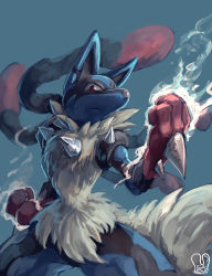 Rule 34 | absurdres, aura, blue background, clenched hands, closed mouth, commentary request, creatures (company), fighting stance, furry, game freak, gen 4 pokemon, highres, looking at viewer, lucario, mega lucario, mega pokemon, nintendo, pokemon, pokemon (creature), red eyes, sa-dui, signature, solo