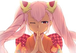 Rule 34 | 1girl, closed mouth, dark-skinned female, dark skin, fire emblem, fire emblem heroes, flower, hair ornament, highres, japanese clothes, kimono, laevateinn (fire emblem), long hair, nakabayashi zun, nintendo, one eye closed, own hands together, pink hair, red eyes, simple background, solo, twintails, white background