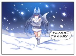 Rule 34 | animal ears, animal hands, black border, black hair, boots, border, closed mouth, cold, english text, fox ears, fox tail, fur collar, fur trim, grey footwear, hair between eyes, hinghoi, long hair, looking down, monster girl, original, red eyes, snow, snowing, solo, tail, thought bubble, very long hair, wolf ears, wolf girl, wolf tail