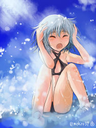 Rule 34 | 1girl, bikini, black bikini, blue sky, closed eyes, cloud, day, gradient background, hands on own head, highres, mishiro shinza, open mouth, sanya v. litvyak, short hair, silver hair, sky, solo, strike witches, swimsuit, twitter username, water, world witches series