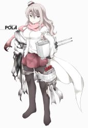 Rule 34 | 1girl, adapted costume, anchor, black pantyhose, brown eyes, cannon, character name, full body, grey hair, kantai collection, miniskirt, pantyhose, pink scarf, pleated skirt, pola (kancolle), red skirt, scarf, shigino sohuzi, shirt, simple background, skirt, solo, tilted headwear, torn clothes, torpedo launcher, turret, wavy hair, white background, white shirt