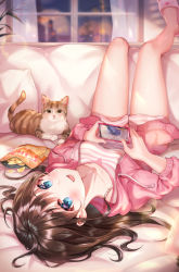 Rule 34 | 1girl, :d, absurdres, animal, bag of chips, bare legs, bed sheet, blue eyes, blush, bra strap, breasts, brown hair, cat, cellphone, chips (food), collarbone, drawstring, dress, food, highres, holding, holding phone, indoors, jacket, legs up, lens flare, long hair, long sleeves, lying, medium breasts, on back, on bed, open clothes, open jacket, open mouth, original, phone, pillow, pink dress, pink jacket, playing games, potato chips, slippers, smartphone, smile, solo, striped clothes, striped dress, tokkyu, upside-down, window