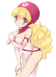 Rule 34 | 1girl, bare shoulders, blonde hair, blush, breasts, cleavage, closed mouth, commentary request, curly hair, dragon quest, dragon quest ii, dress, groin, hood, kichijou agata, long hair, looking at viewer, medium breasts, princess, princess of moonbrook, red eyes, simple background, solo, white background
