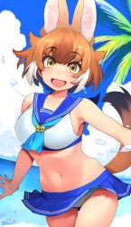 Rule 34 | 1girl, :d, animal ear fluff, animal ears, beach, bikini, blue sailor collar, breasts, brown hair, cloud, collarbone, commentary, dated, day, dhole (kemono friends), dog ears, dutch angle, extra ears, fang, happa (cloverppd), highres, kemono friends, looking at viewer, medium breasts, multicolored hair, navel, open mouth, outdoors, palm tree, sailor bikini, sailor collar, short hair, side-tie bikini bottom, signature, smile, solo, swimsuit, tail, thigh gap, tree, two-tone hair, white hair, yellow eyes