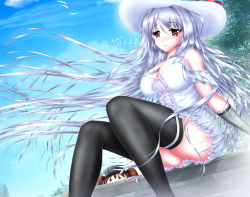 Rule 34 | 10s, 2girls, alternate costume, black legwear, blue sky, breasts, brown hair, cleavage, day, dress, gloves, gluteal fold, hat, highres, kantai collection, large breasts, long hair, looking at viewer, md5 mismatch, multiple girls, musical note, nohoho (kakikonchi), outdoors, peeking out, quaver, resolution mismatch, ryuujou (kancolle), shoukaku (kancolle), silver hair, sitting, sky, source smaller, thighhighs, thighs, very long hair, white dress