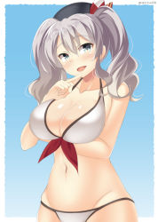 Rule 34 | 10s, 1girl, bad id, bad pixiv id, bikini, blue background, blue eyes, blush, breast hold, breasts, cleavage, kankitsunabe (citrus), kantai collection, kashima (kancolle), large breasts, long hair, looking at viewer, navel, open mouth, silver hair, smile, solo, standing, swimsuit, twintails