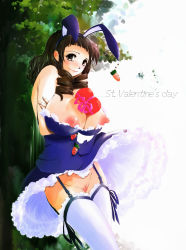 Rule 34 | 1girl, absurdres, animal ears, bare shoulders, between breasts, blush, breasts, brown eyes, brown hair, cleavage, clothes lift, english text, female focus, fuchida kyou, garter straps, heart, highres, large breasts, long hair, looking at viewer, nipples, no bra, no panties, outdoors, pussy, rabbit ears, skirt, skirt lift, smile, solo, text focus, thighhighs, uncensored, valentine, wind, wind lift