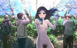 Rule 34 | 1girl, 3boys, backpack, bag, baseball cap, black eyes, black hair, black hairband, black pants, blue pants, blush, boulder, breasts, brown pants, camera, cargo pants, cellphone, cherry blossoms, cherry tree, clothed male nude female, collarbone, commentary, completely nude, day, excessive pubic hair, exhibitionism, female pubic hair, flat cap, floating hair, foliage, hairband, hanami, hand up, hat, highres, holding, holding phone, hood, hoodie, jukkaku komado, light frown, long hair, looking back, medium breasts, multiple boys, navel, nervous, nipples, nude, original, outdoors, outstretched arm, pants, park, parted lips, petals, phone, photographer, pubic hair, public indecency, selfie, shirt, single-lens reflex camera, sky, smartphone, spring (season), streaking, thigh gap, tree, white hoodie, white shirt, wind, zoom lens