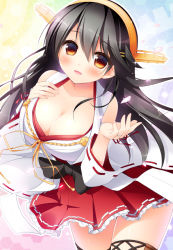 Rule 34 | 10s, 1girl, bare shoulders, black hair, blouse, boots, breasts, brown eyes, cherry blossoms, cleavage, detached sleeves, frilled skirt, frills, hair ornament, hairband, hand on own chest, haruna (kancolle), japanese clothes, jewelry, kantai collection, large breasts, long hair, miniskirt, nontraditional miko, open mouth, petals, ribbon-trimmed sleeves, ribbon trim, ring, saji-wata, sasai saji, shirt, skirt, smile, solo, thigh boots, thighhighs, wedding band, wedding ring, zettai ryouiki