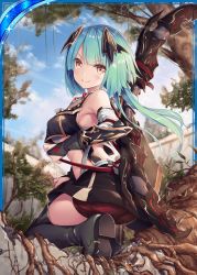 Rule 34 | &gt;:), 1girl, akkijin, aqua hair, armpits, ass, bare shoulders, bike shorts, blue sky, boots, bow, breasts, card (medium), cleavage, day, hair ornament, large breasts, official art, outdoors, seiza, shinkai no valkyrie, short hair, shorts, sitting, sky, soles, tree, underwear, weapon, yellow eyes